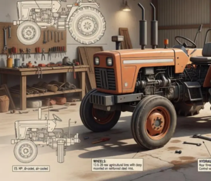 Vue technique d'un tracteur indien dans un atelier mécanique