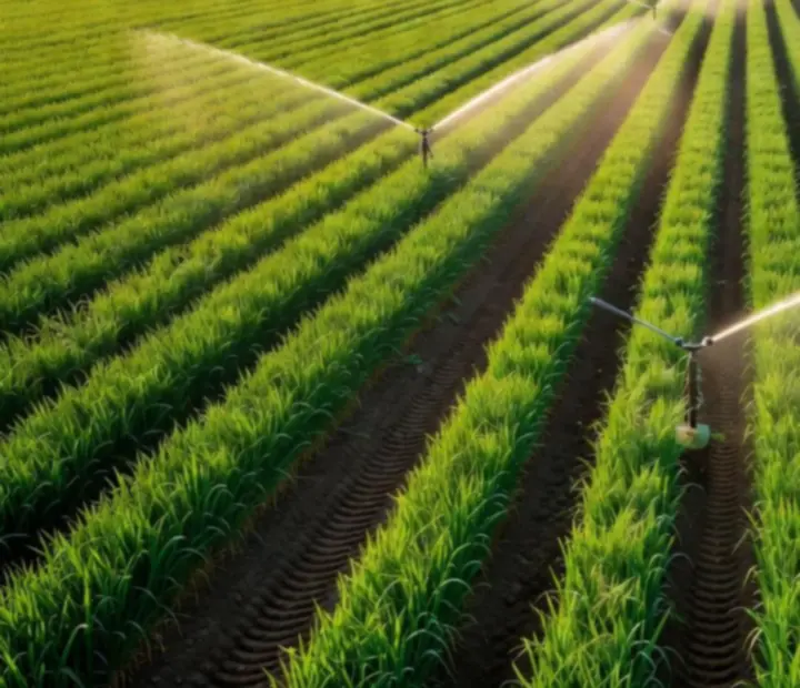 Champ vert luxuriant après améliorations d'irrigation et de machines agricoles