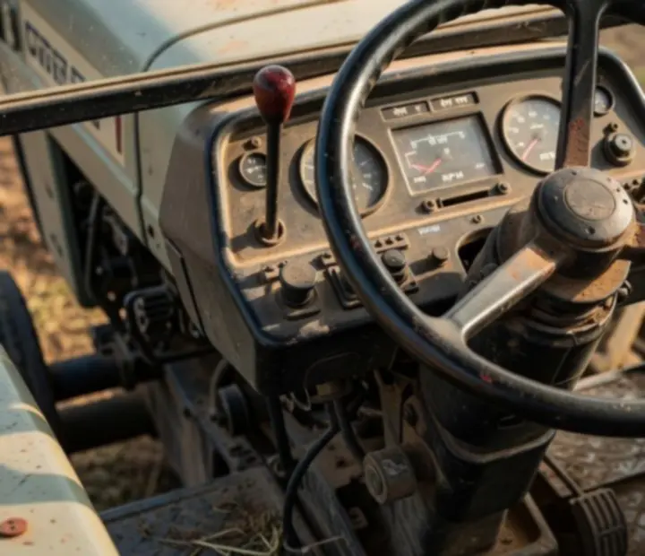 Gros plan sur le tableau de bord et les commandes d'un tracteur indien.