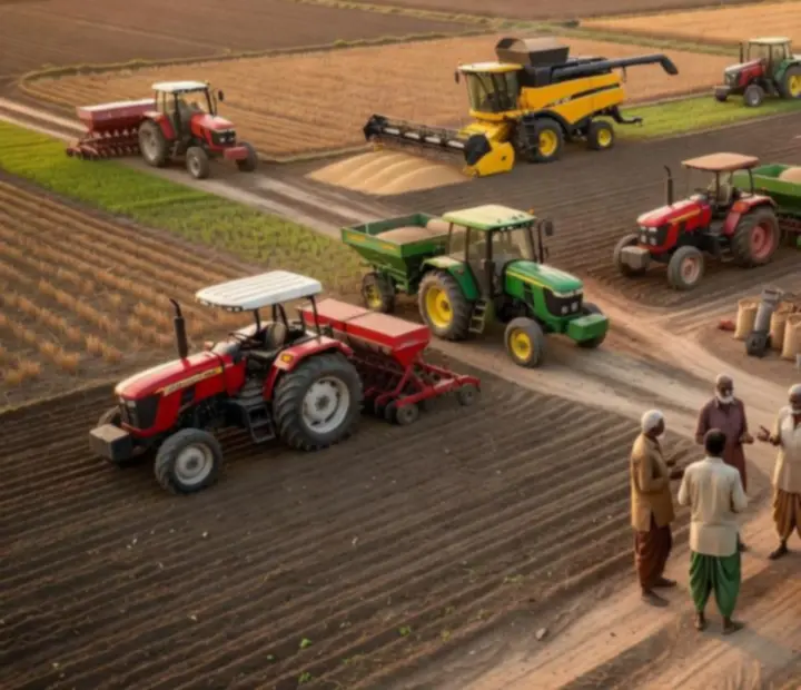 Vue d'exploitation agricole indienne avec tracteurs, hangars et champs prêts à être agrandis
