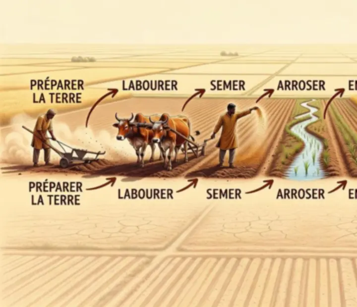 Schéma éditorial du cycle des travaux agricoles dans un champ indien