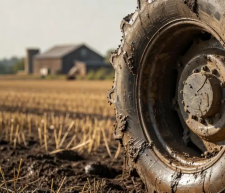 Gros plan sur une roue de tracteur couverte de boue dans un champ indien