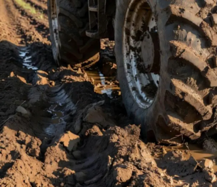 Gros plan sur des pneus de tracteur couverts de boue dans un champ