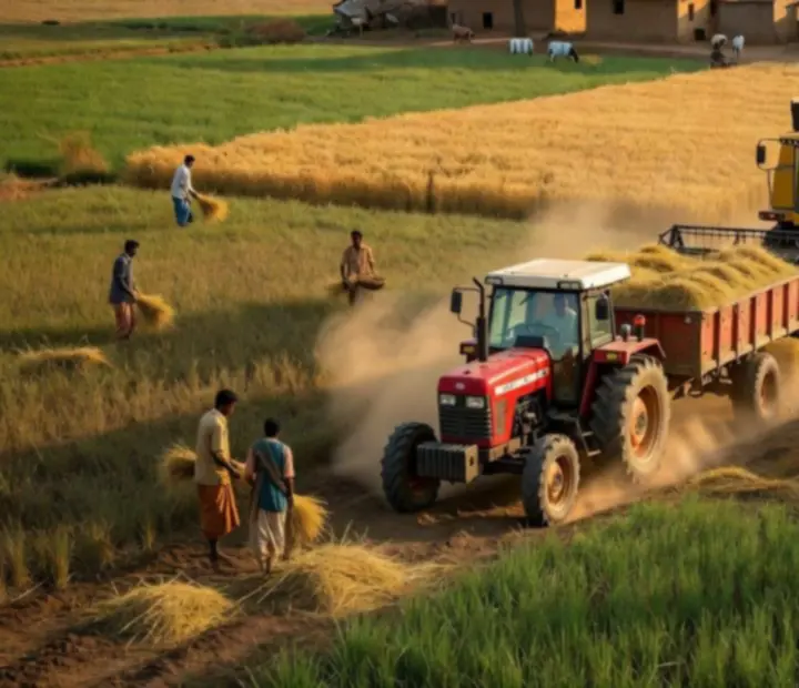 Récolte mécanisée dans des champs indiens