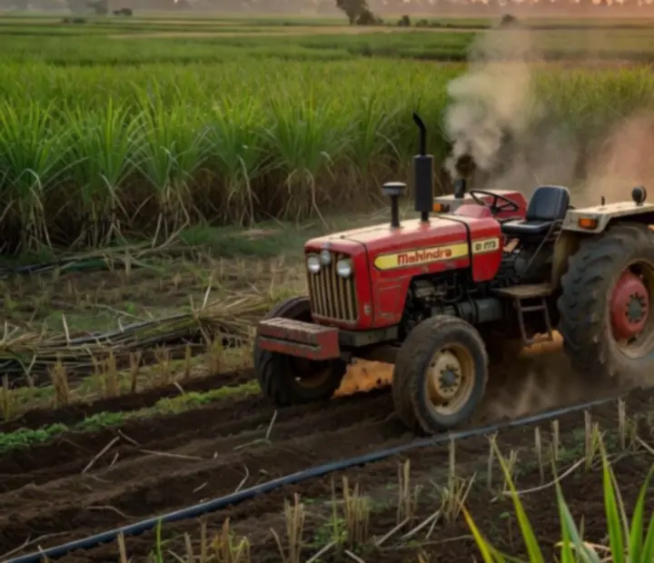 Tracteur indien puissant labourant un champ à l'heure dorée en Inde, avec poussière et végétation.