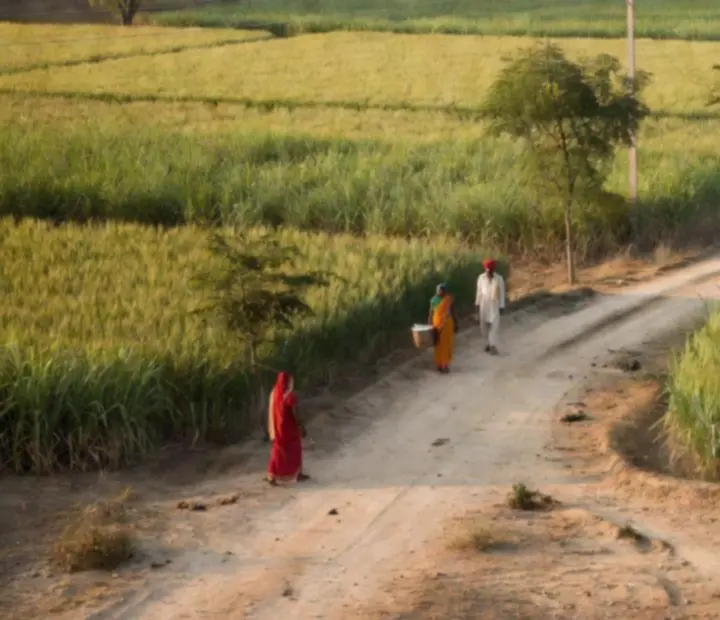 Champs verdoyants et chemin rural poussiéreux dans un village agricole indien.