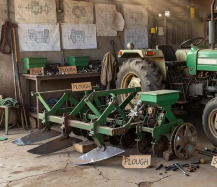 Tracteur indien dans un atelier agricole avec outils et pi&egrave;ces d&eacute;mont&eacute;es