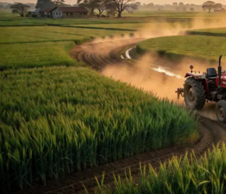 Tracteur indien travaillant un champ verdoyant au coucher de soleil, poussi&egrave;re dor&eacute;e et campagne au loin