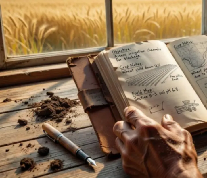 Journal de missions agricoles pos&eacute; sur une table en bois, avec croquis de champs