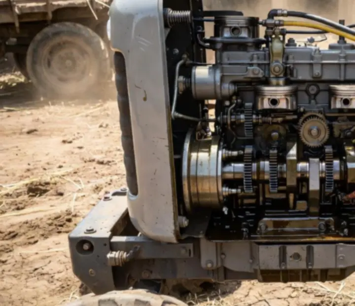 Détail du moteur d'un tracteur avec pièces mécaniques apparentes