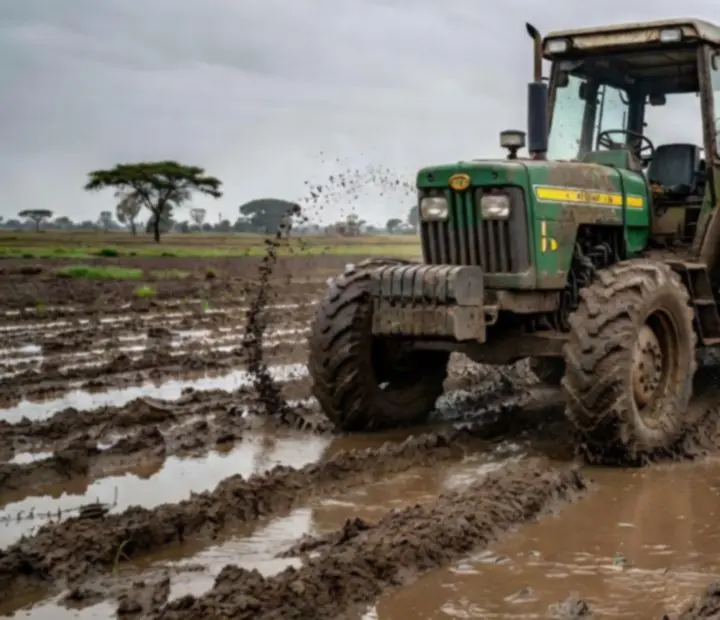 Tracteur en difficulté dans un champ boueux en Inde.