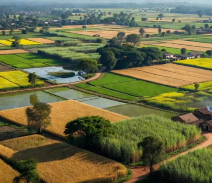 Panorama éditorial d'un paysage rural indien avec champs, arbres et chemins agricoles.