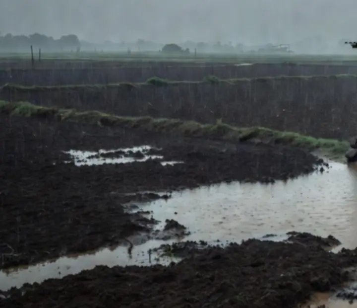 Paysage rural indien sous la pluie, champs verts détrempés, chemin boueux et ciel lourd.