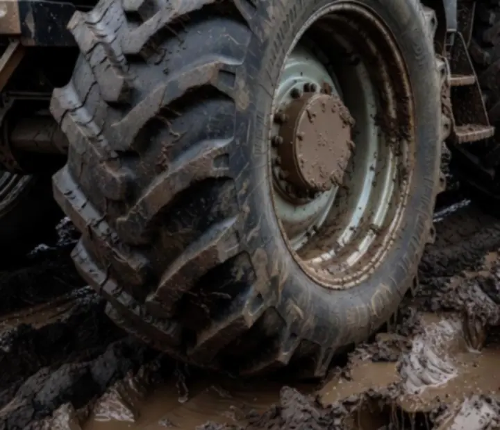 Gros plan sur des pneus de tracteur indiens adaptés à un terrain boueux