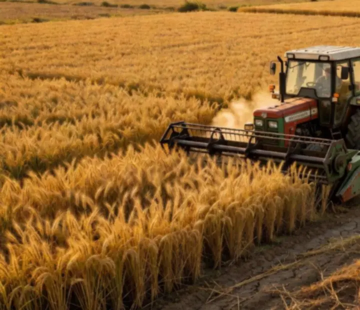 Tracteur en pleine récolte soulevant poussière dans un champ doré.