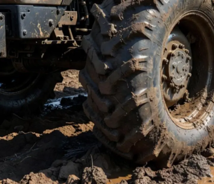 Gros plan sur des roues de tracteur enfoncées dans la terre avec détails mécaniques.