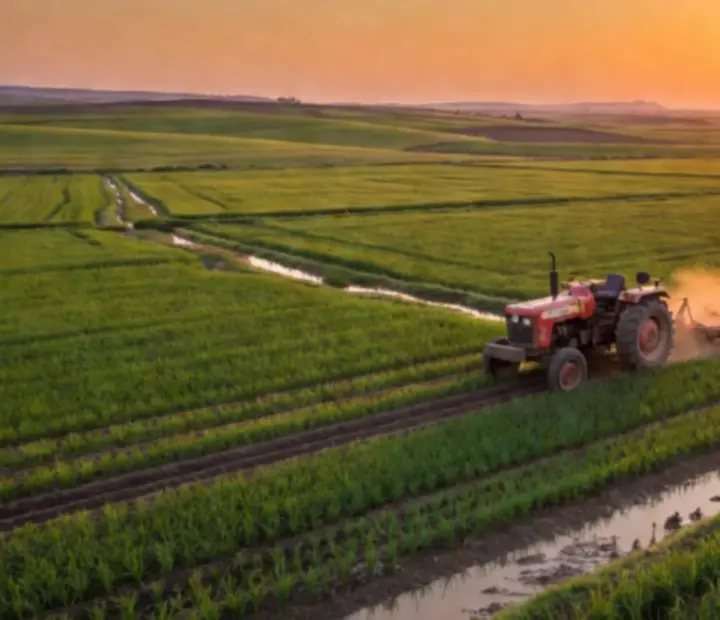 Scène de campagne indienne au crépuscule avec tracteur labourant un champ poussiéreux.