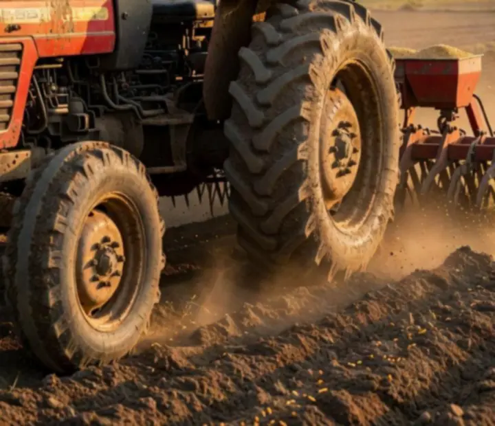 Tracteur indien semant en lignes dans un champ vert, illustrant la précision des semis dans le simulateur