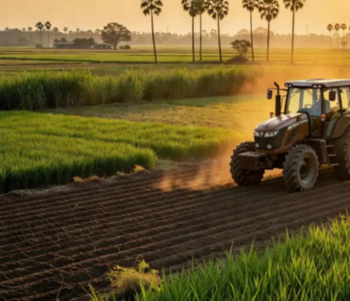 Tracteur indien modernisé avançant dans un champ irrigué au coucher du soleil