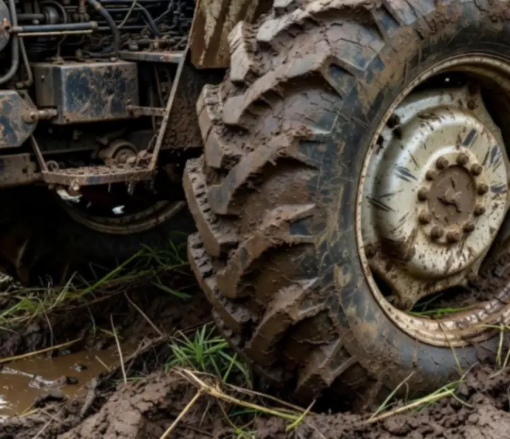 Gros plan sur les roues d’un tracteur indien enfoncées dans un terrain boueux, crampons saturés de terre humide.