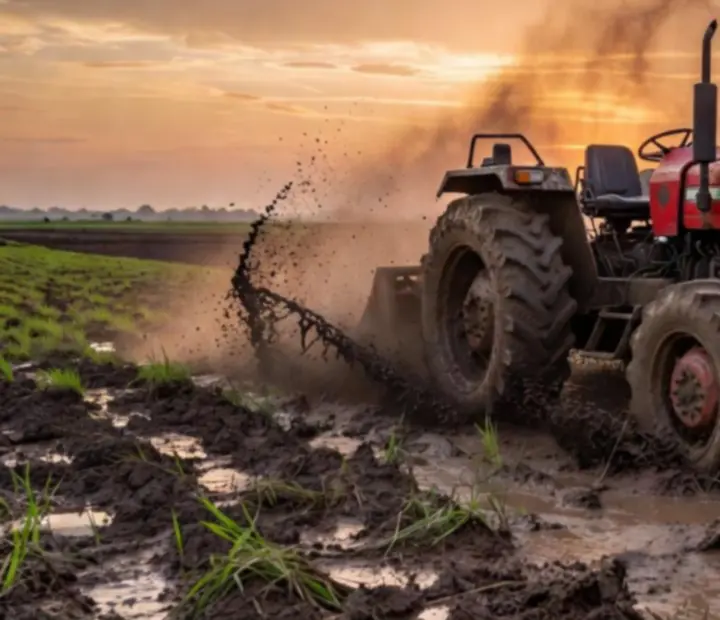Tracteur indien rouge avançant dans un terrain boueux, projections de boue et sillons profonds dans les champs.