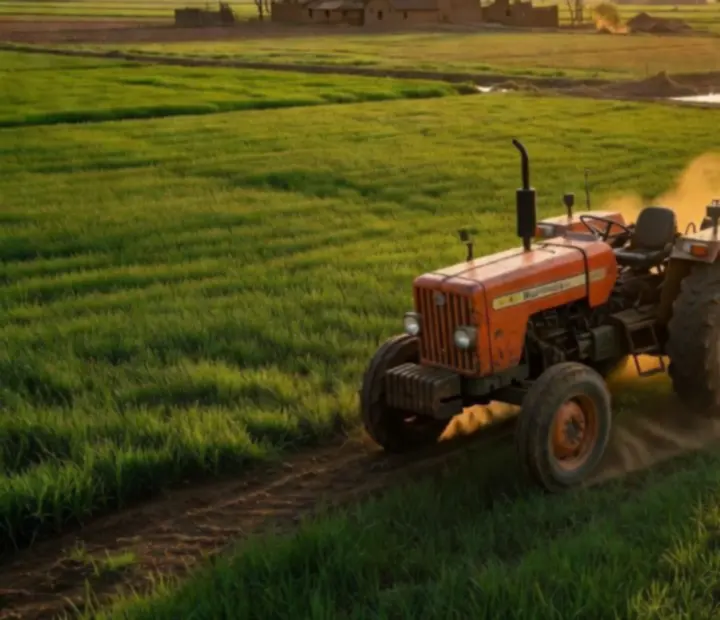 Tracteur indien puissant dans un champ au coucher du soleil
