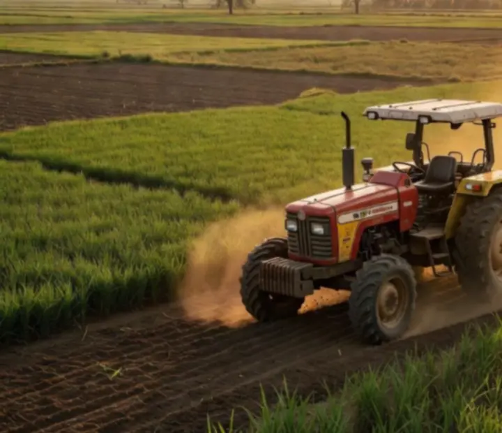 Tracteur indien puissant travaillant un champ au soleil couchant dans Tractor Games