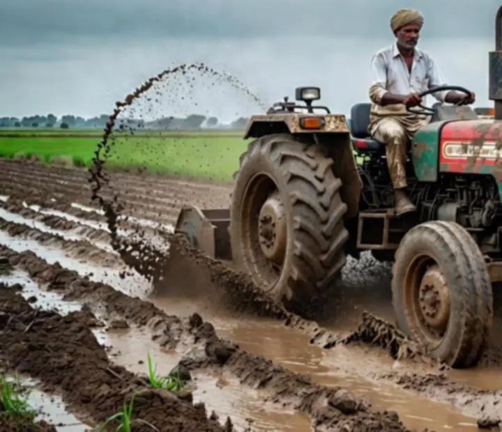 Tracteur indien avançant dans un champ boueux avec ornières profondes