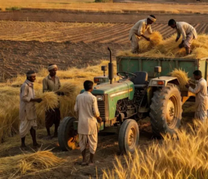 Tracteur indien avec remorque pleine de r&eacute;colte dans un champ dor&eacute;