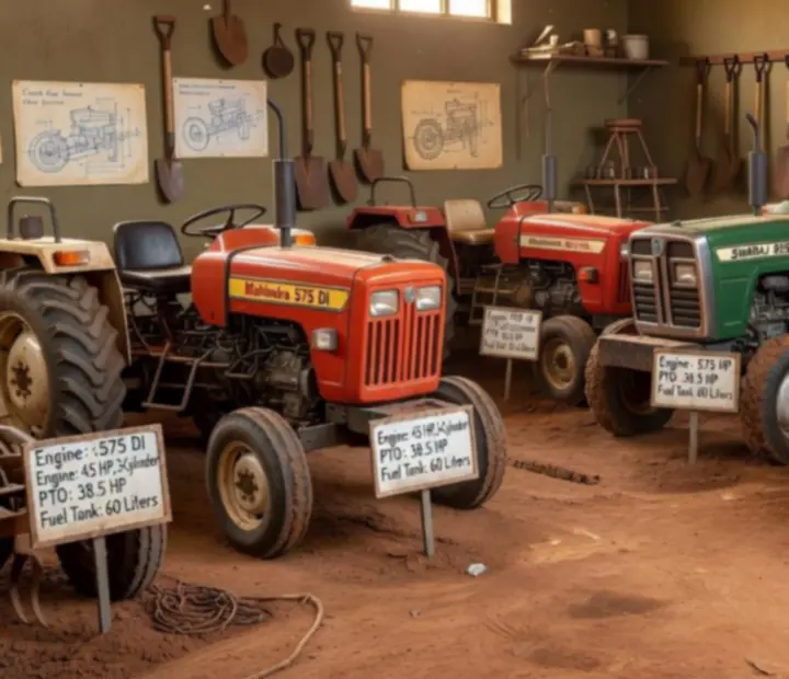 Atelier technique présentant différents modèles de tracteurs indiens