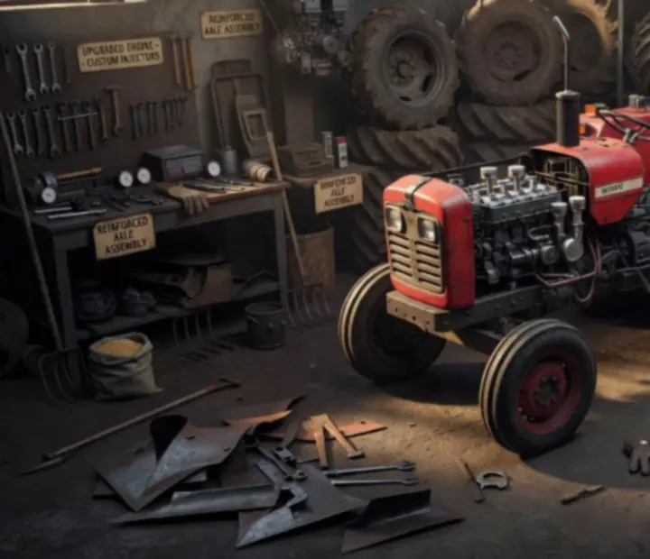 Atelier de tracteur avec pièces, roues et outils d'amélioration.
