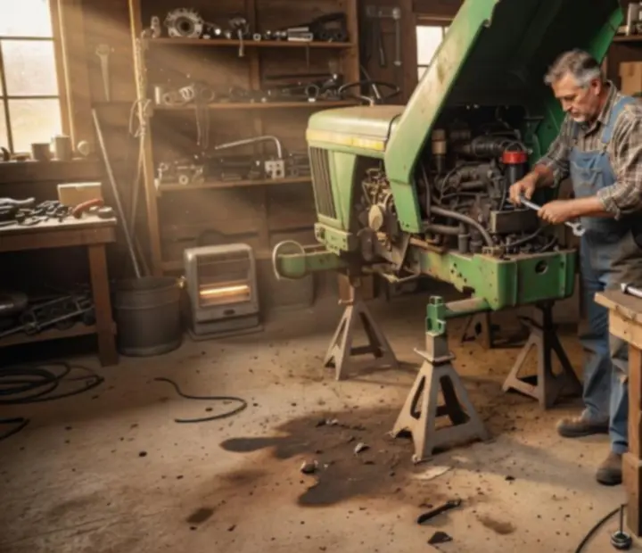Atelier mécanique avec tracteur indien en cours d'amélioration